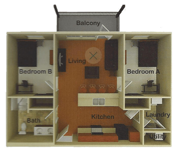 Top down rendering of the 2 bedroom apartment layout.