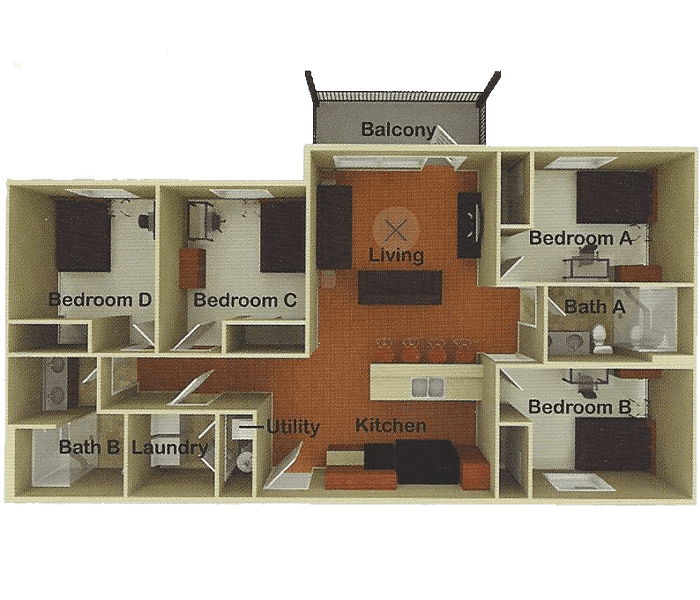 Top down rendering of the 4 bedroom apartment layout.